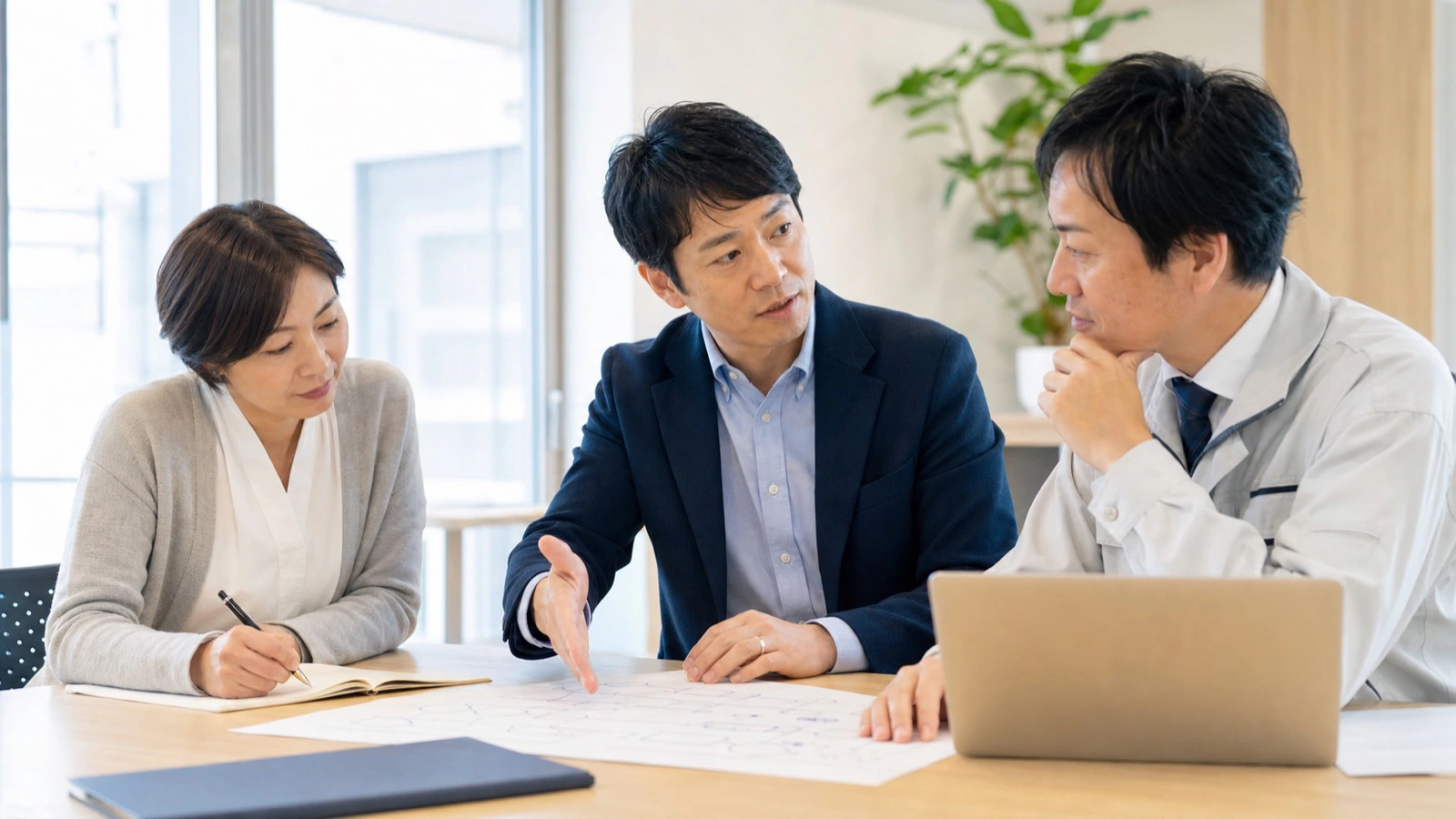 業務フローを確認しながら改善内容を打ち合わせる様子